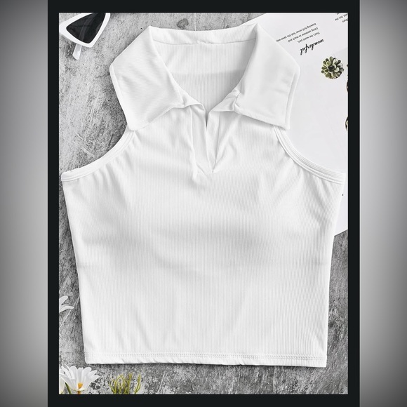 NWOT Workout Crop Top Built in Bra Ribbed Athletic Casual SleevelessCollar Shirt - Picture 6 of 16